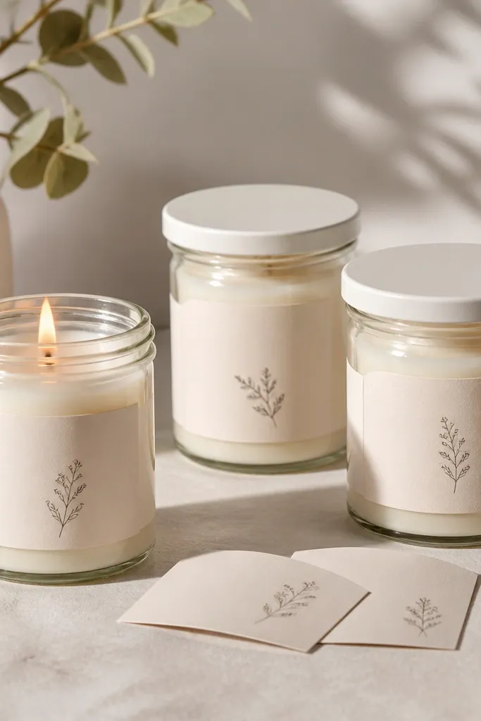 A small glass jar candle with a matte cream label and a neat handwritten-style font; next to it are two refill jars and matching labels in the same color palette.