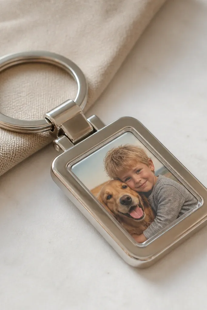 A flat metal keychain with a clear flip window showing a color photo; the edges are smooth, and the key ring is heavy-duty.