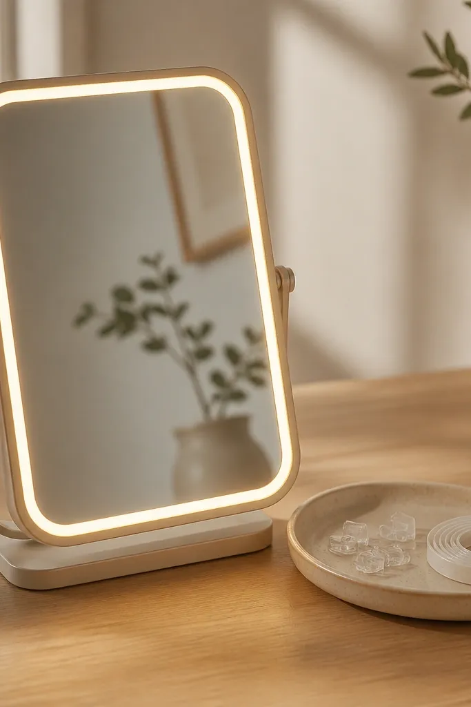A small tabletop mirror with warm LED strips around the frame; beside it sits a shallow tray holding extra adhesive clips and a roll of spare strip connectors.
