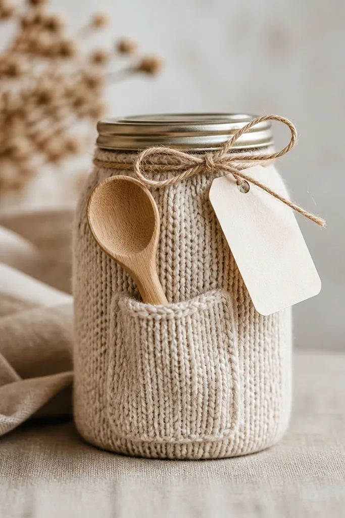 A small jar wrapped in a soft oatmeal knit sleeve with a stitched pocket holding a wooden spoon; the jar has a simple cream tag and a twine bow.