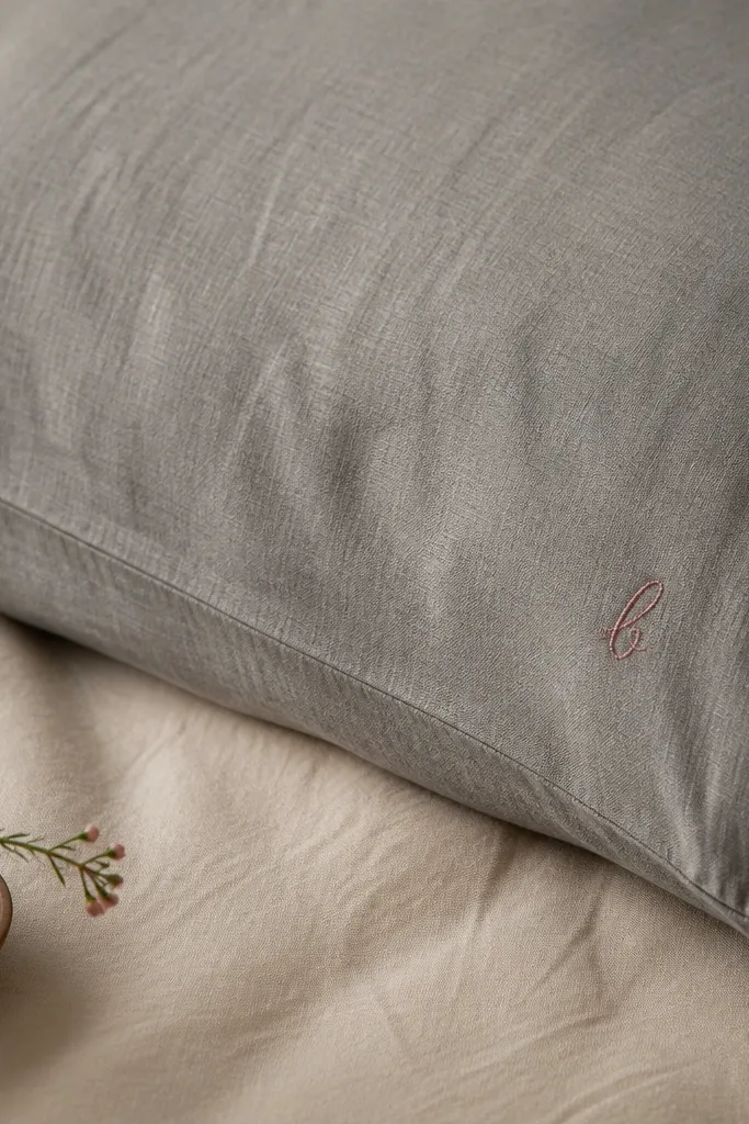 A stone gray linen pillowcase with subtle texture; a single small embroidered word sits near the corner in muted rose thread.