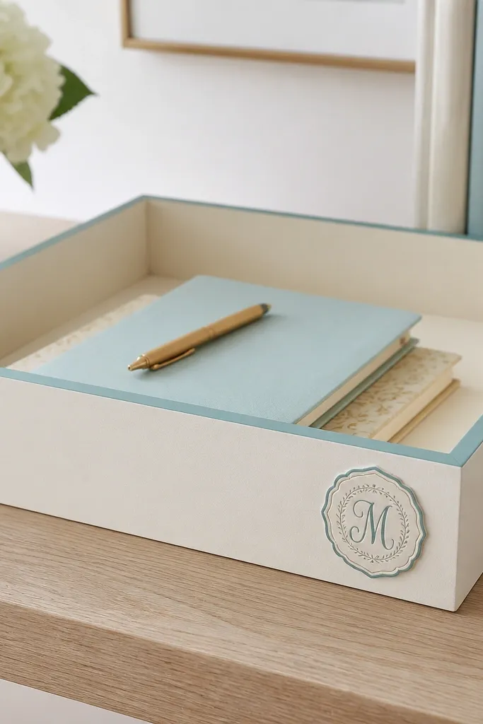 A shallow wooden desk tray painted in matte cream with a thin teal painted edge; a monogram sticker label sits on the front corner.