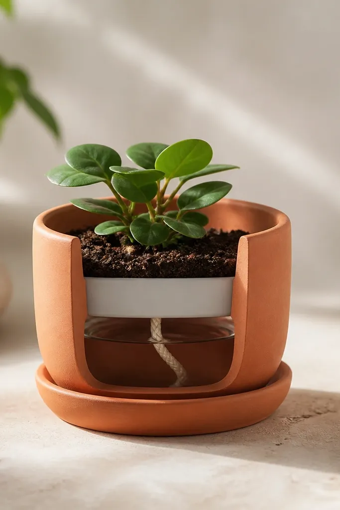 A small terracotta planter with a dish base; inside you can see a wick insert connected to the water reservoir below, and a tiny plant sits centered.