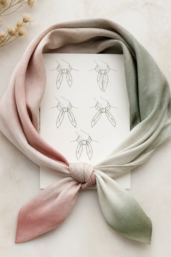 A lightweight scarf bandana with soft hand-dyed ends in dusty rose and sage; the fabric is folded and tied around a small card showing knot diagrams.