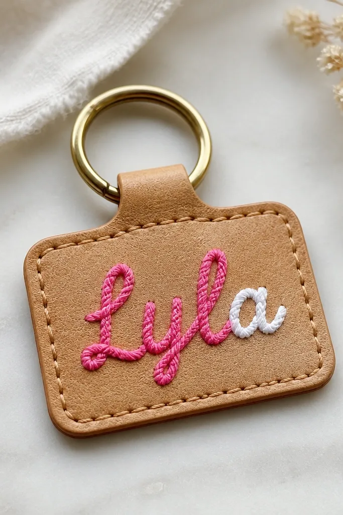A small tan leather tag with a stitched name in bright floss (hot pink and white) centered on the tag; a metal key ring attached at the top; the stitching is neat and slightly raised with visible thread texture.