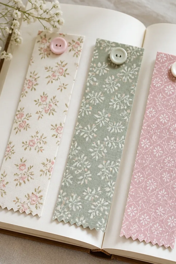 Three fabric bookmarks made from different cotton prints, each about 2 inches wide; the top corner has a small button stitched on, and the bottom edge is pinked with a zigzag scissors look.