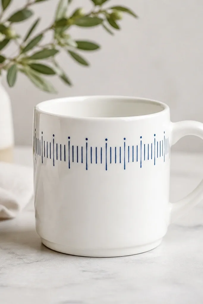A white ceramic mug with a thin navy stripe pattern painted around the top third; small dots and short lines are spaced evenly; the marker finish looks smooth and slightly glossy.