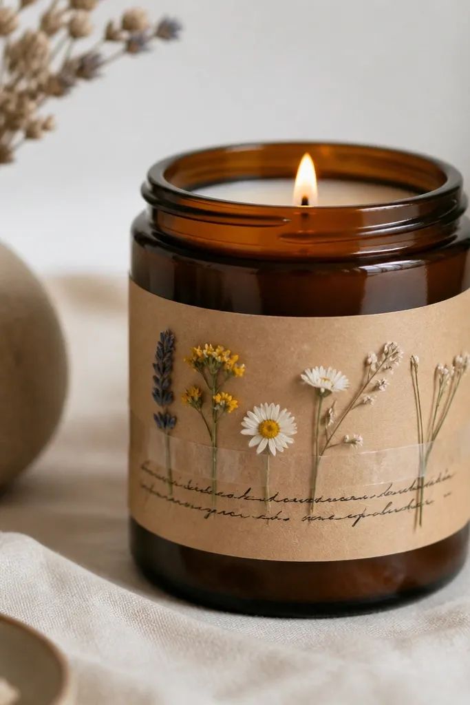 A brown glass jar candle with a kraft paper label wrapped around it; pressed tiny flowers are arranged under clear tape; the label has handwritten text in black ink.
