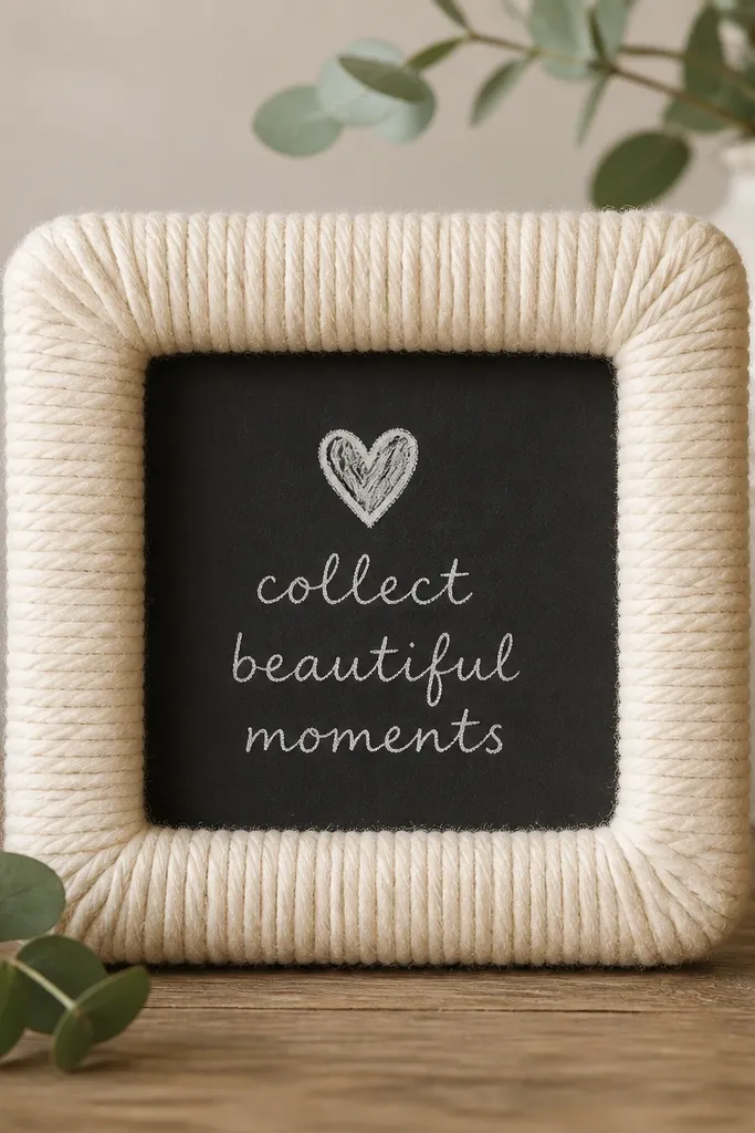 A small wooden frame wrapped in thick cream yarn; the back is a small chalkboard panel with handwritten text; the yarn has tight turns and no gaps.