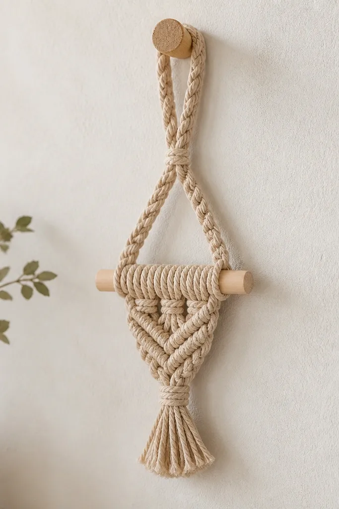 A small macramé hanger made from light tan rope with a braided loop at the top and a short knot fringe; it's tied to a small wooden dowel hook.