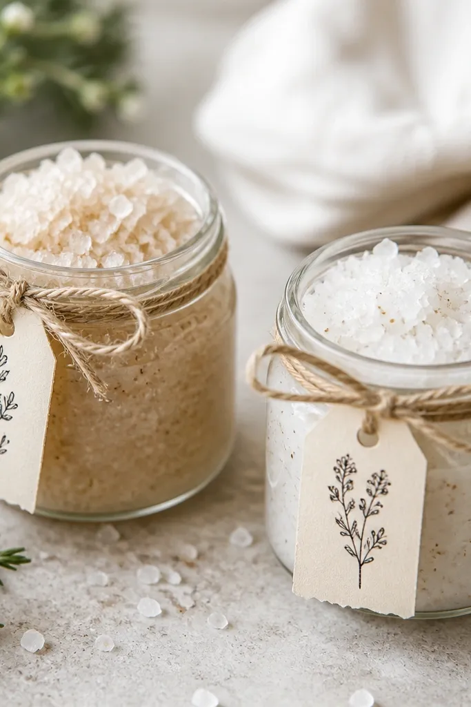 A set of two small glass jars with sugar scrub; each jar has a handmade label in black marker on cream paper and a tied twine bow; the scrub has visible coarse salt crystals.