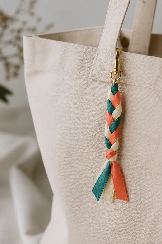A braided ribbon charm attached to a small lobster clasp; the ribbon is a mix of teal, cream, and coral; it hangs from a tote strap.