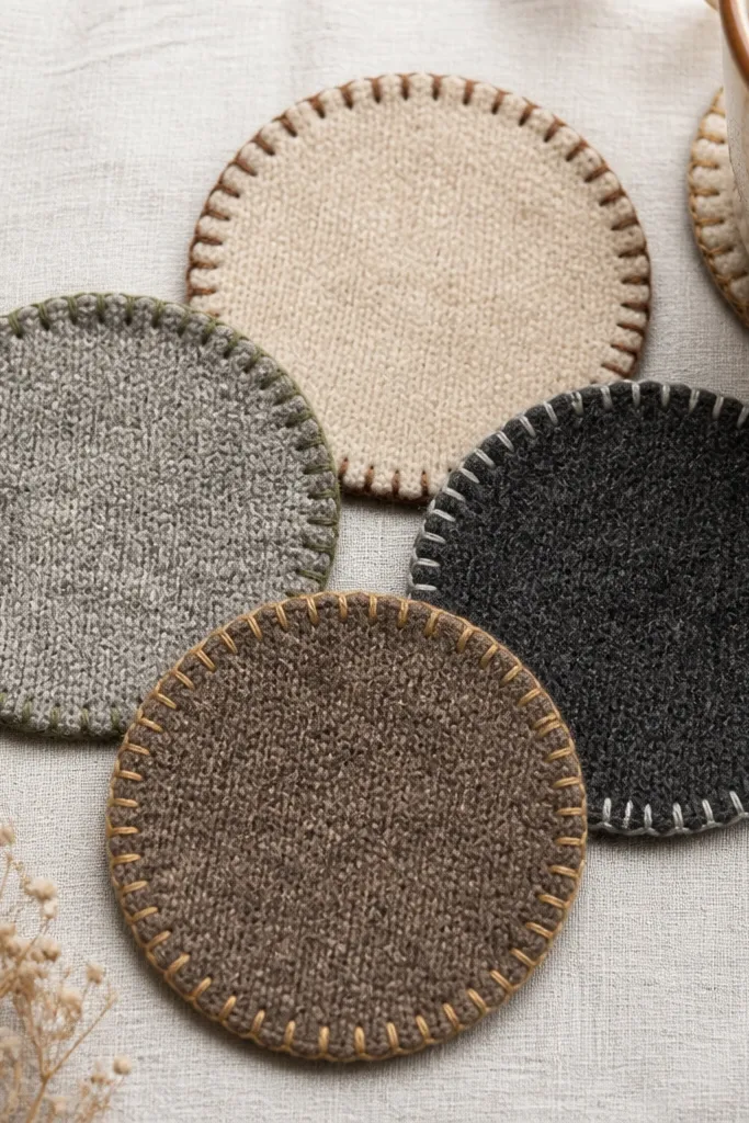 Four coasters cut from a knit sweater fabric; each coaster has a stitched edge with contrasting thread; the fabric looks soft and slightly fuzzy.