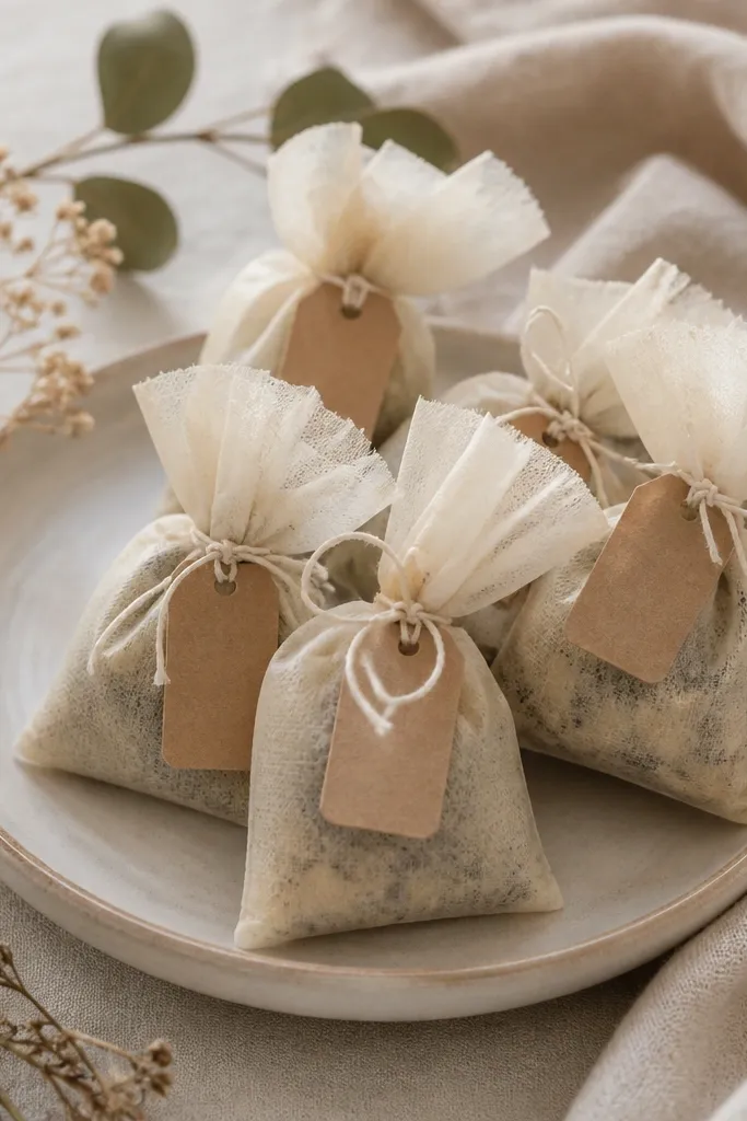 Small sachets made from repurposed tea bags, each sealed with string; the wax inside is pale with tiny specks; labels are handwritten on brown paper ties.