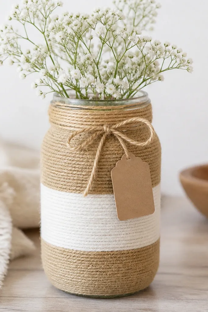 A mason jar wrapped in tan and white thread in horizontal bands; the top has a small twine bow; a tiny tag with a short quote hangs from twine.