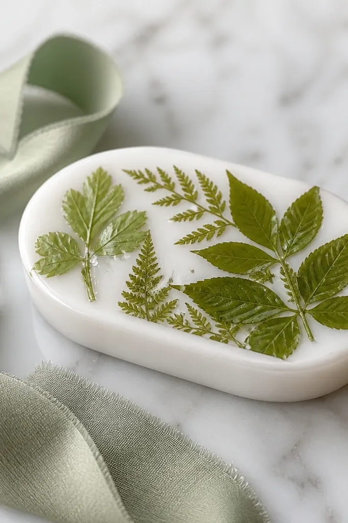 A small white soap dish with pressed green leaves arranged on top under a clear coating; the leaves look sealed and glossy; a simple ribbon sits beside it.