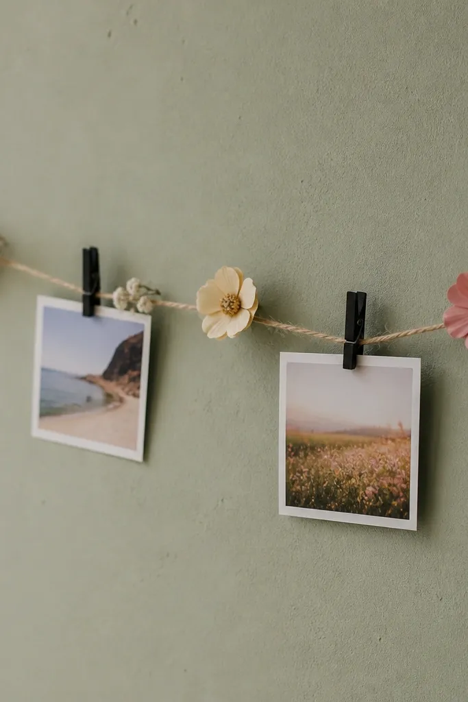 A short string with mini paper flowers spaced out; small black clothespins clip tiny photos; the background is a cork or painted board.