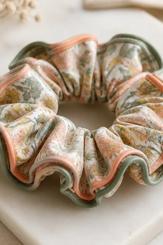 A scrunchie made from soft patterned fabric with a visible band of two-color bias tape around the edges; inside is elastic; it has a thick, gathered look.
