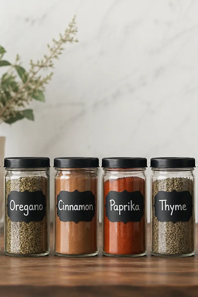 Small glass jars with black chalkboard-style vinyl labels; hand-lettered names in white chalk marker; jars sit in a row with matching lids.