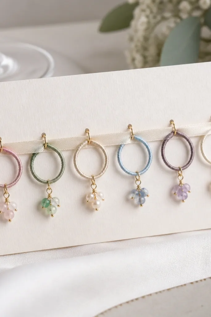 Six small wine glass charms made from thin wire loops wrapped in ribbon; each charm has a tiny bead cluster; they hang on a ribbon card.