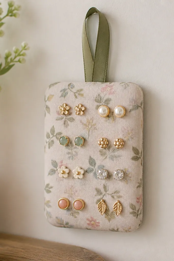 A small earring card covered in patterned fabric; a magnet strip is hidden behind; earrings are pinned neatly in pairs; the card is held by a ribbon loop.