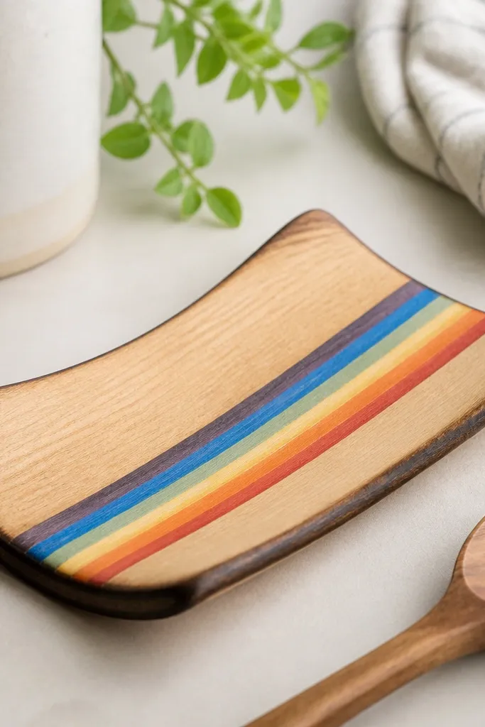 A spoon rest made from a flat wooden piece shaped like a shallow curve; it has a rainbow stripe painted across the center; the edges are lightly burned for a rustic finish.