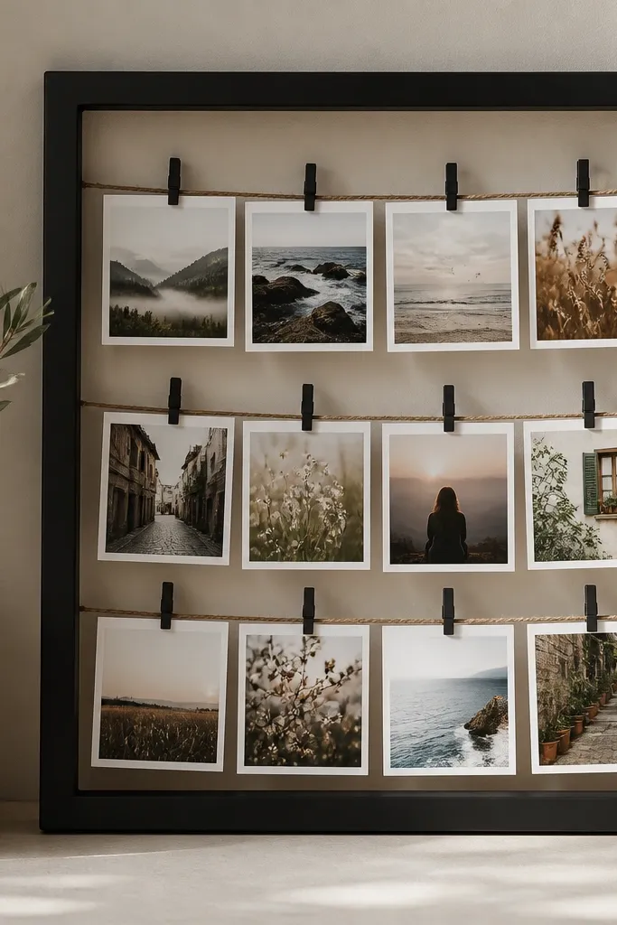 A small wooden frame spray-painted matte black; clothespins or mini pegs hang across a string inside; several printed photos are clipped in a neat grid.