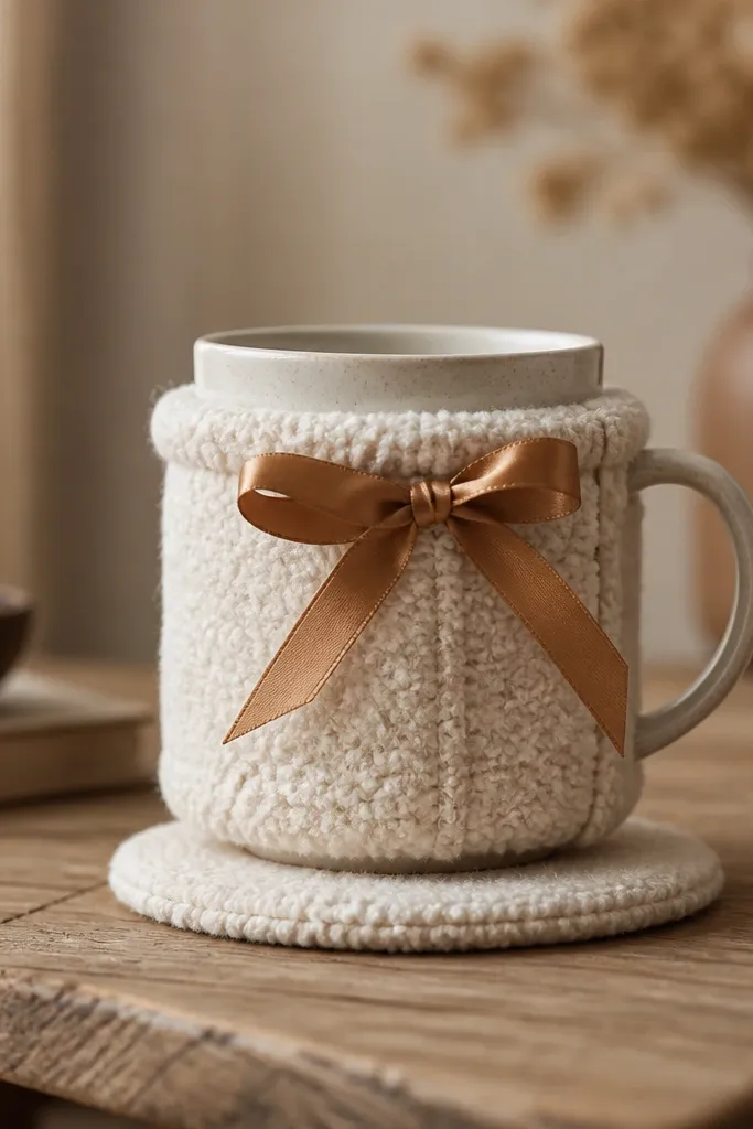 A cream bouclé mug cozy wrapped around a ceramic mug, with a caramel satin ribbon tie at the top. The cozy has a rounded cuff and a small stitched seam visible on the side. Background shows a wooden table and a matching coaster.