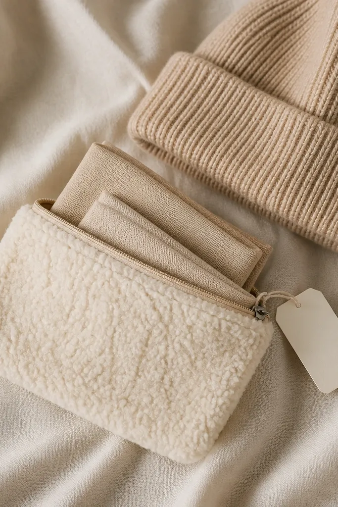 A small zip pouch made from off-white sherpa fabric with a beige zipper. Inside are two flat hand-warmers in a folded shape, and the pouch sits next to a knit beanie. A mini label card is tucked into the zipper pull.