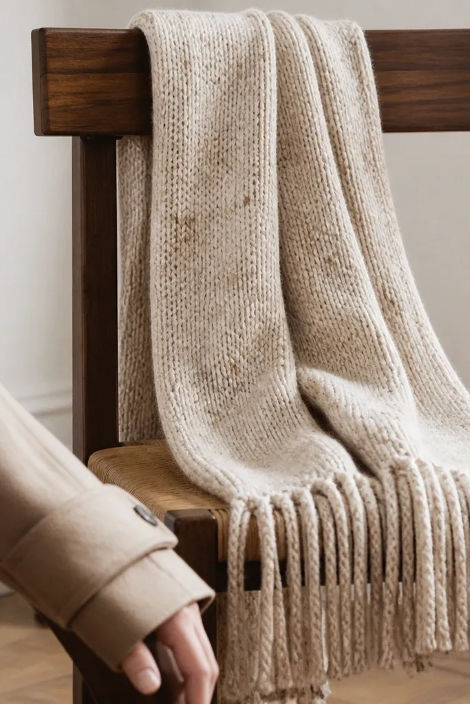 A thick oatmeal scarf draped over a chair, with long fringe ends and visible knit loops. The scarf has a subtle tweed texture and a clean straight edge at the top. A beige coat sleeve is in the foreground.