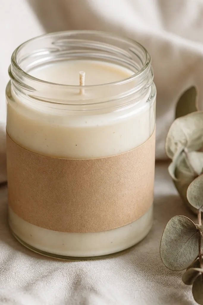 A clear glass jar candle with a cotton wick centered. The wax is a warm cream color with tiny specks visible. A kraft label wraps the jar, and a small sprig of dried eucalyptus sits beside it.