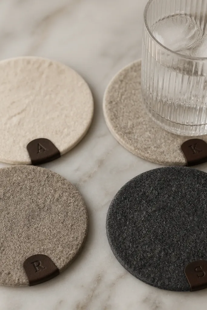 Four round felted wool coasters in shades of cream, oatmeal, and charcoal. Each coaster has a small corner of dark brown leather with a stamped initial. They sit on a marble surface near a tumbler.