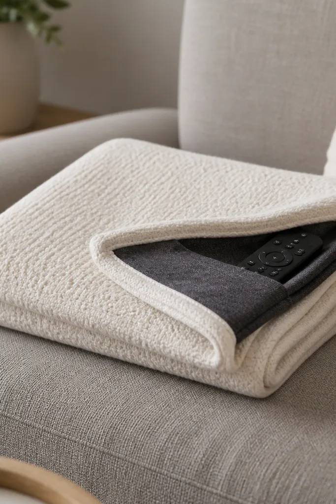 A small lap blanket folded on a couch, made from thick cream cotton with a dark gray side panel pocket. The pocket is visible when the blanket is pulled open slightly. A remote control sits inside the pocket.