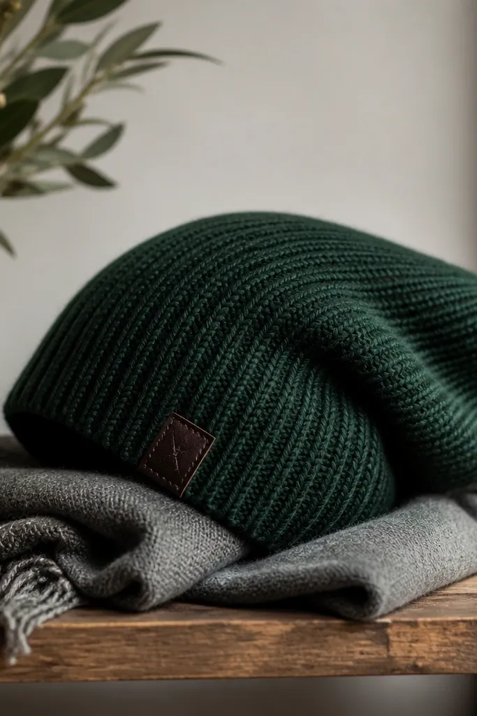 A slouchy knit beanie in deep forest green with a small dark leather patch sewn to the side. The beanie has a soft ribbed texture and sits on a wooden shelf with a scarf.