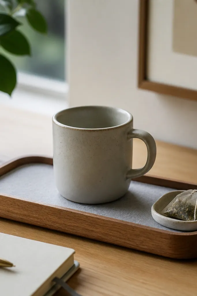 A small wooden tray with rounded edges lined in pale gray felt. A mug sits centered on the tray, and a tiny dish for tea bags is glued near one corner. The tray rests on a desk with a notebook.