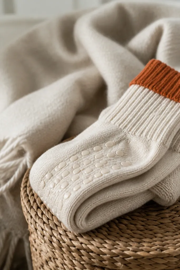 A pair of thick socks in cream with a rust cuff. The bottom has small rubber grip dots. The socks are folded on a basket with a wool throw blanket in the background.
