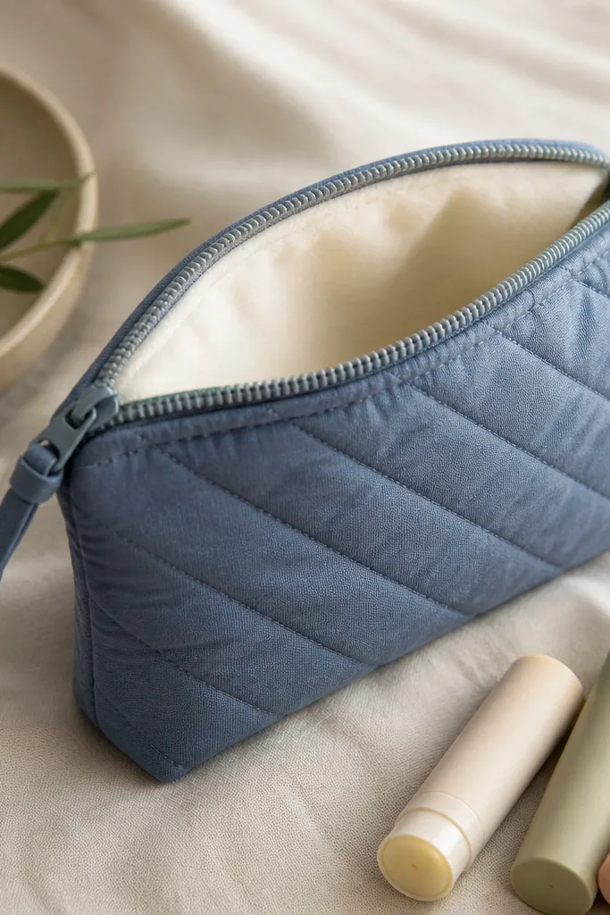 A quilted zip pouch in dusty blue fabric with diagonal stitching, lined with soft cream flannel. The zipper pull is a fabric tab in matching blue. The pouch sits beside lip balm tubes.
