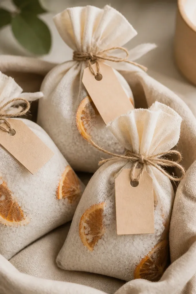 Three small fabric sachets tied with twine, filled with white epsom salt and visible dried orange slices. Each sachet is labeled with a handwritten tag. They sit in a linen bag with a candle nearby.