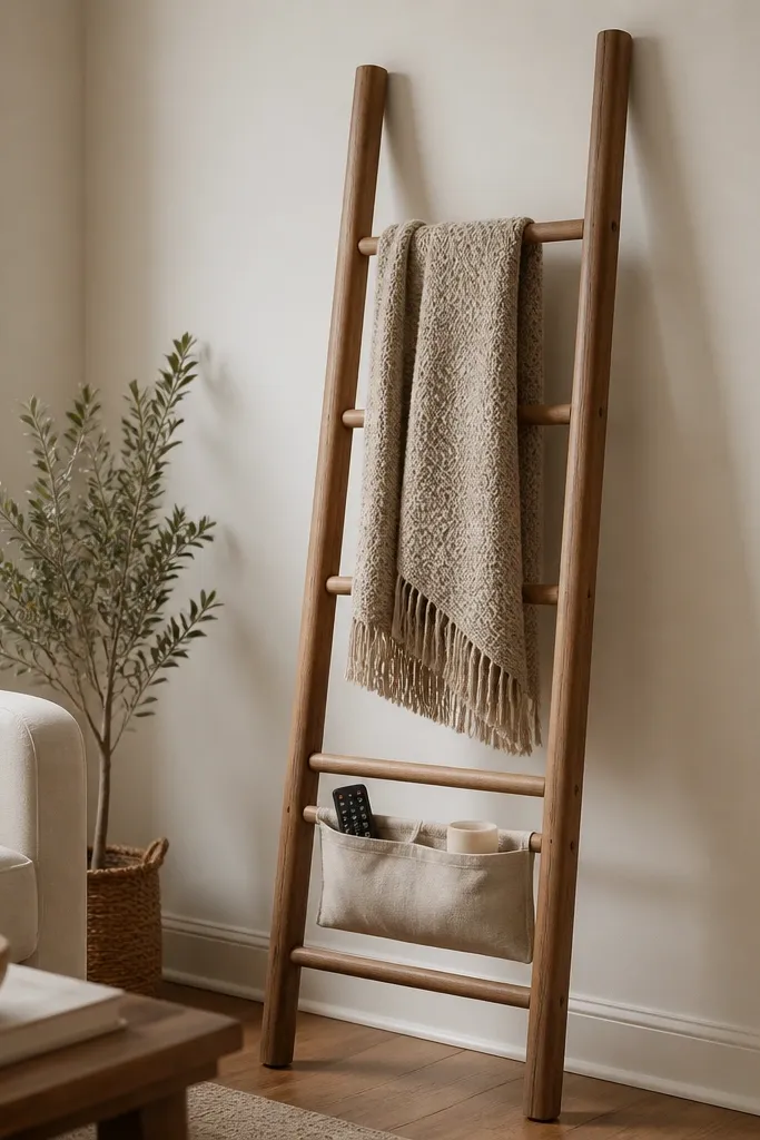 A simple wall ladder made from wood, with a folded knitted throw draped over it. A small fabric pocket holds a remote and a candle. The wall is painted warm white, and the room looks tidy.