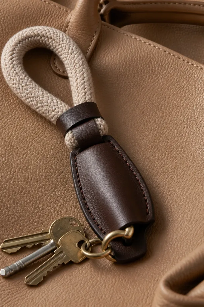 A dark brown faux leather key fob attached to a knit loop handle. The knit loop is oatmeal and wraps around a small leather strap. Keys are shown clipped to the fob, and the background is a tan purse.