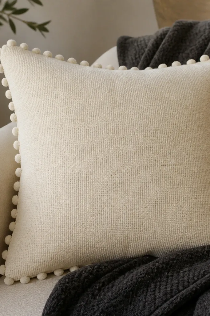 A sofa pillow cover in warm cream fabric with a subtle woven texture. It has a hidden zipper on the back and small pom trim along the edges. A dark throw blanket sits behind it.