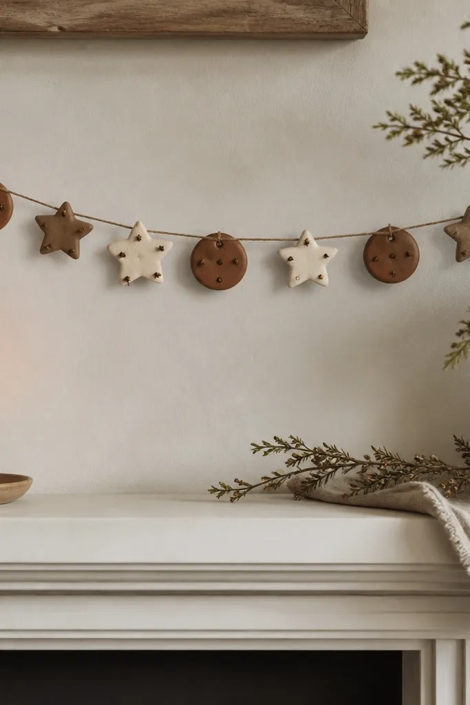 A string garland made of small cinnamon-scented clay shapes in cream and brown, hung with twine. The shapes are star and circle forms, with a few tiny dried cloves visible. It hangs above a mantel with a candle.