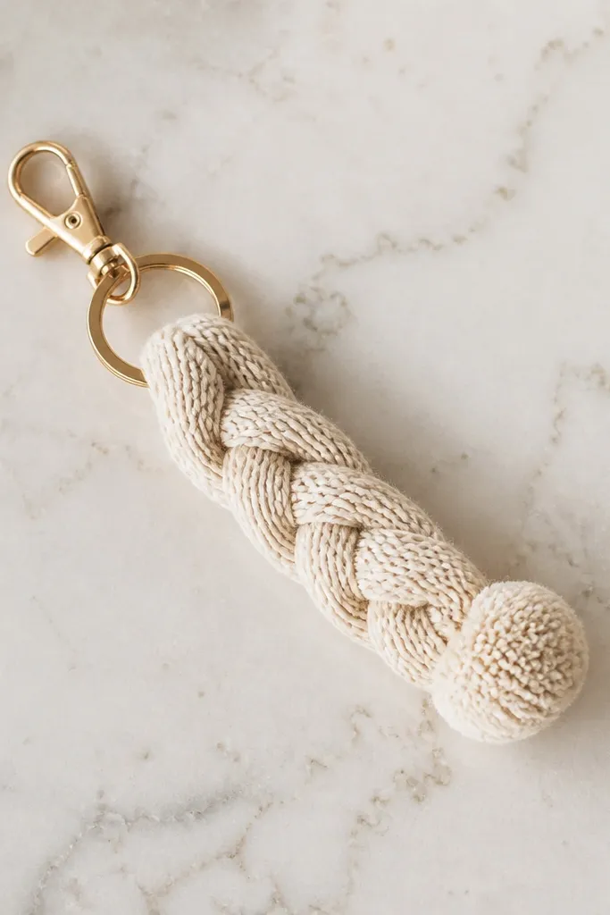 A small knit keychain in oat cream with a mini pom at the end and a metal lobster clip. The knit piece is twisted and textured, and it's attached to a key ring. Background is a light countertop.
