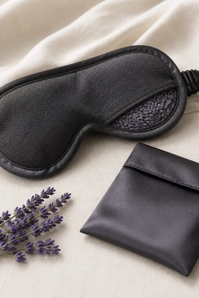 A soft eye mask in charcoal fabric with satin trim. Inside is a lavender-scented rice pack visible through a seam line. A matching small pouch holds the mask, and a lavender sprig sits next to it.