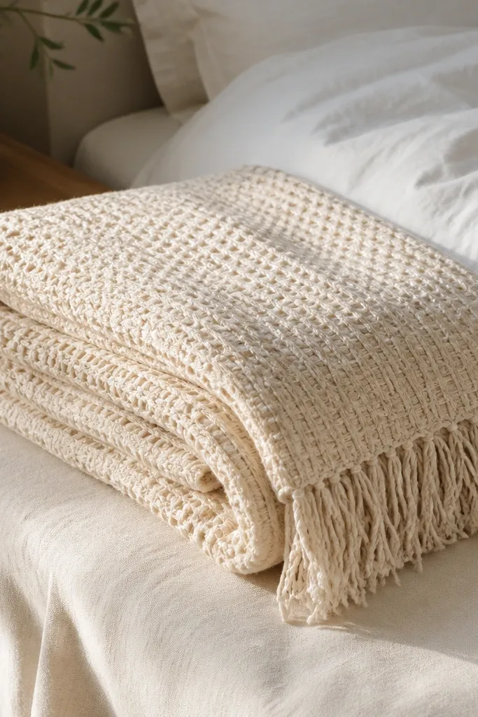 A small waffle-weave throw blanket in warm cream with short tassels on both ends. It's folded on a bed near a white duvet. The fabric texture is clearly visible in the light.