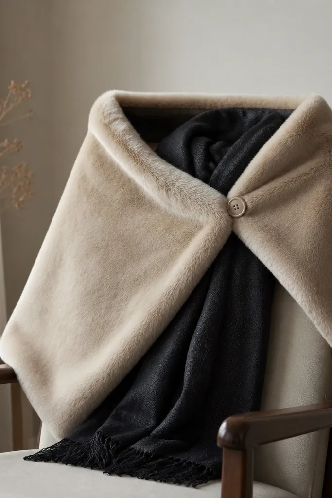 A travel wrap made from light beige faux fur with a simple button clasp near the shoulder. It's draped over a chair with a dark scarf underneath. The fur texture is soft and evenly cut.