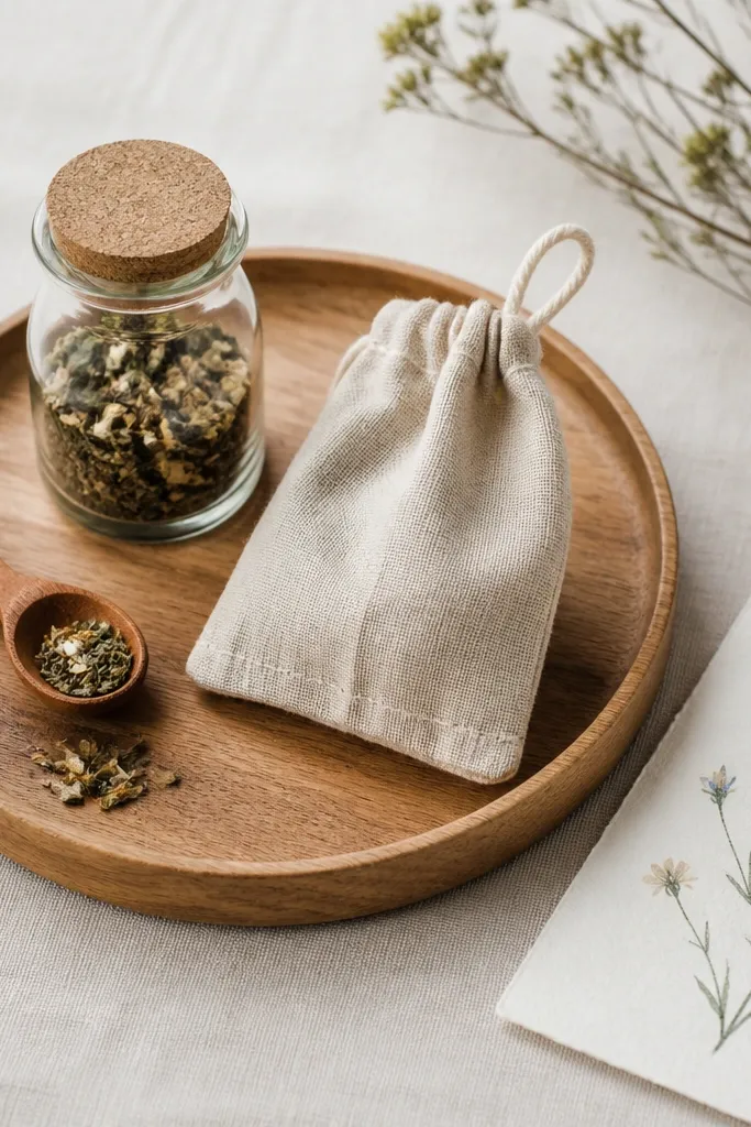 A tea kit on a tray: a small jar of loose tea, a cloth tea bag cover in oatmeal, and a small wooden spoon. A hand-lettered card sits beside it. The cloth cover has a stitched loop for hanging.