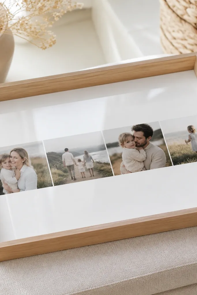 A shallow wooden tray with a white painted base. A horizontal photo strip runs across the center under a clear glossy top coat. The edges are clean and squared, with a small gold foil heart in one corner.