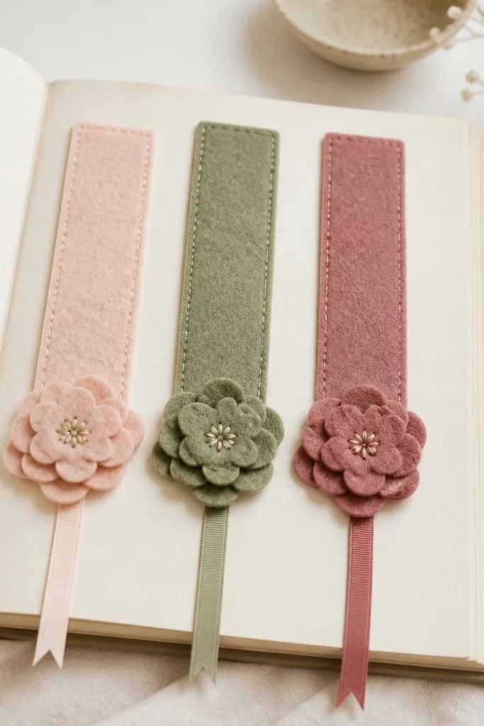 Three felt bookmarks in muted blush, sage, and dusty rose. Each has a layered flower made from small rounded felt petals, with a simple stitched center and a thin ribbon tail.