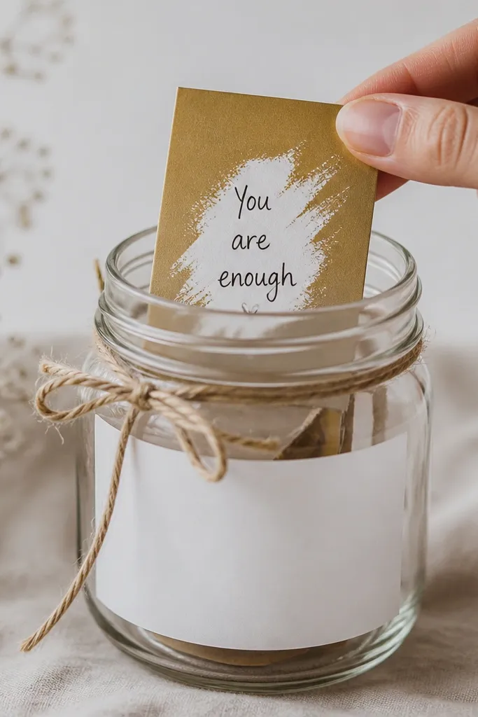 A clear mason jar with a white label. A small cardstock card inside has a gold scratch layer on the outside, and a hand-written quote is visible when scratched. The jar has a twine bow around the neck.